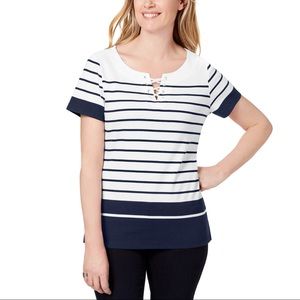 Karen Scott Navy & White Stripe Top Sz PS PM PL